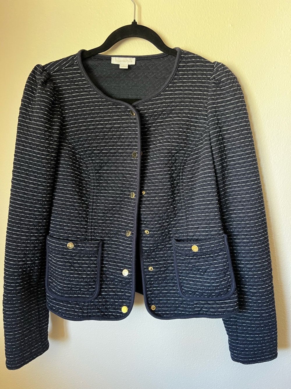 Charter Club Quilted Jacket Navy Silver Striped Gold Button Crop Blazer Size S